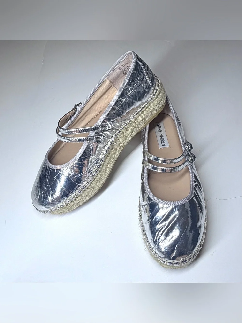 Steve Madden Women’s Silver Metallic Espadrille Mary Jane Platform Flats Size-8M